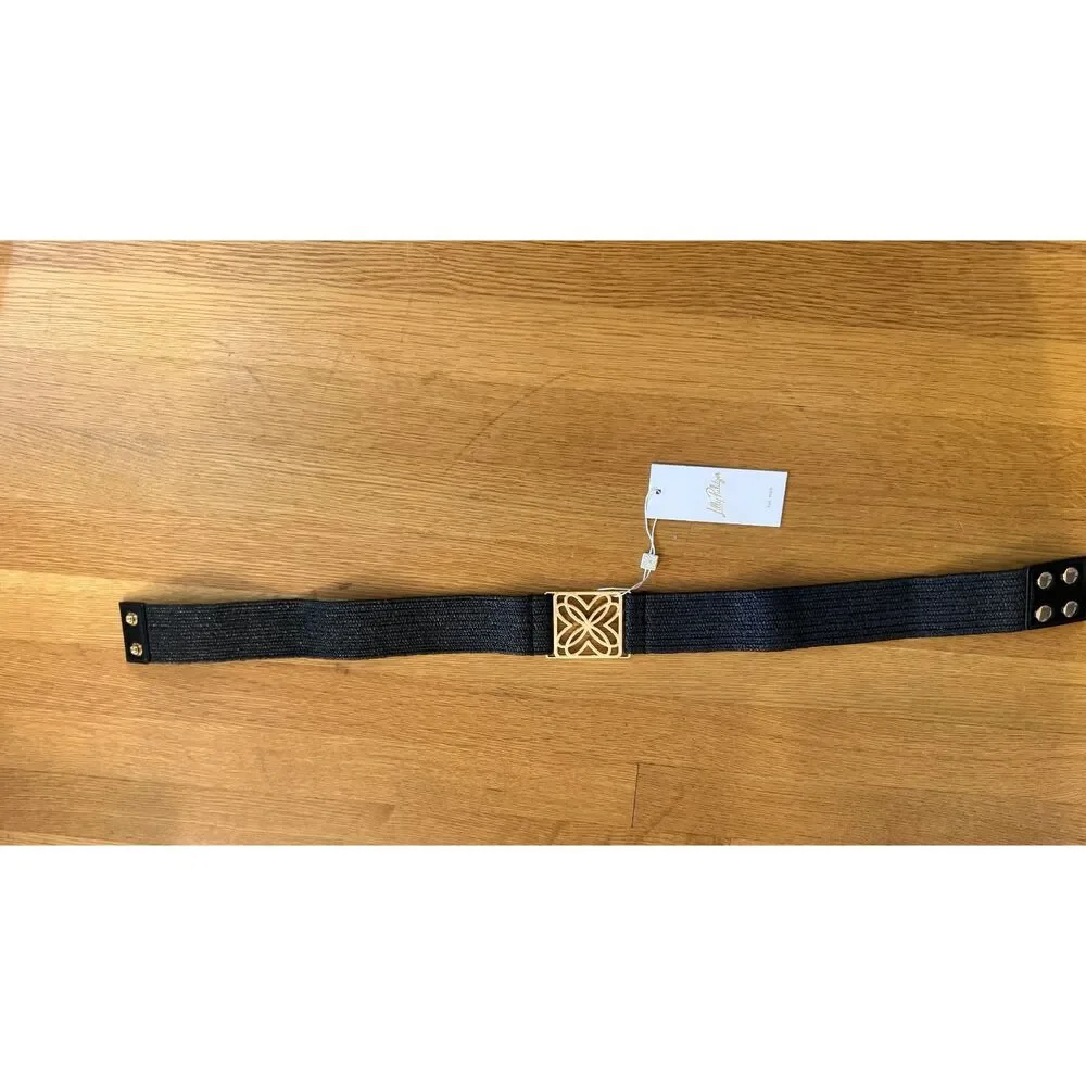 NWT Lilly Pulitzer Arta Stretch Raffia Belt Black Gold Logo Buckle S/M